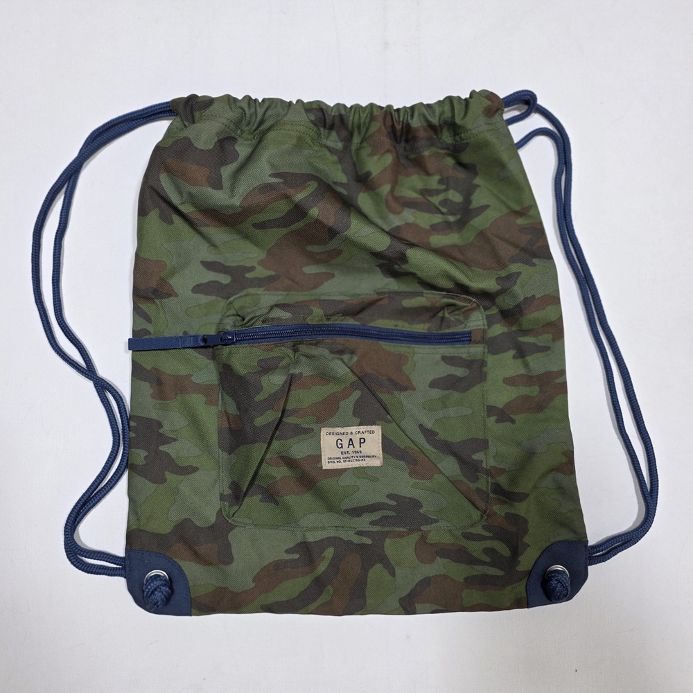 Gap Kids Drawstring Backpack OS Green Camo Cinch Bag Front Zip Pocket Travel Bag